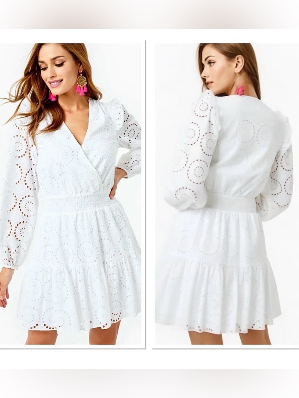 Lilly Pulitzer White Eyelet Wrap Mini Dress with Puff Sleeves